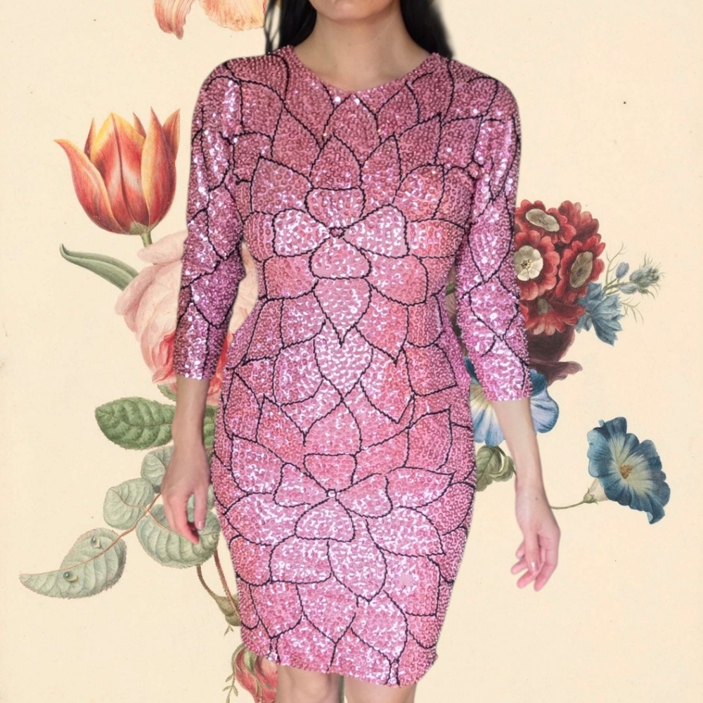 Vintage 1960's Mesh Beaded Sequin Bodycon Dress 4 6 Small